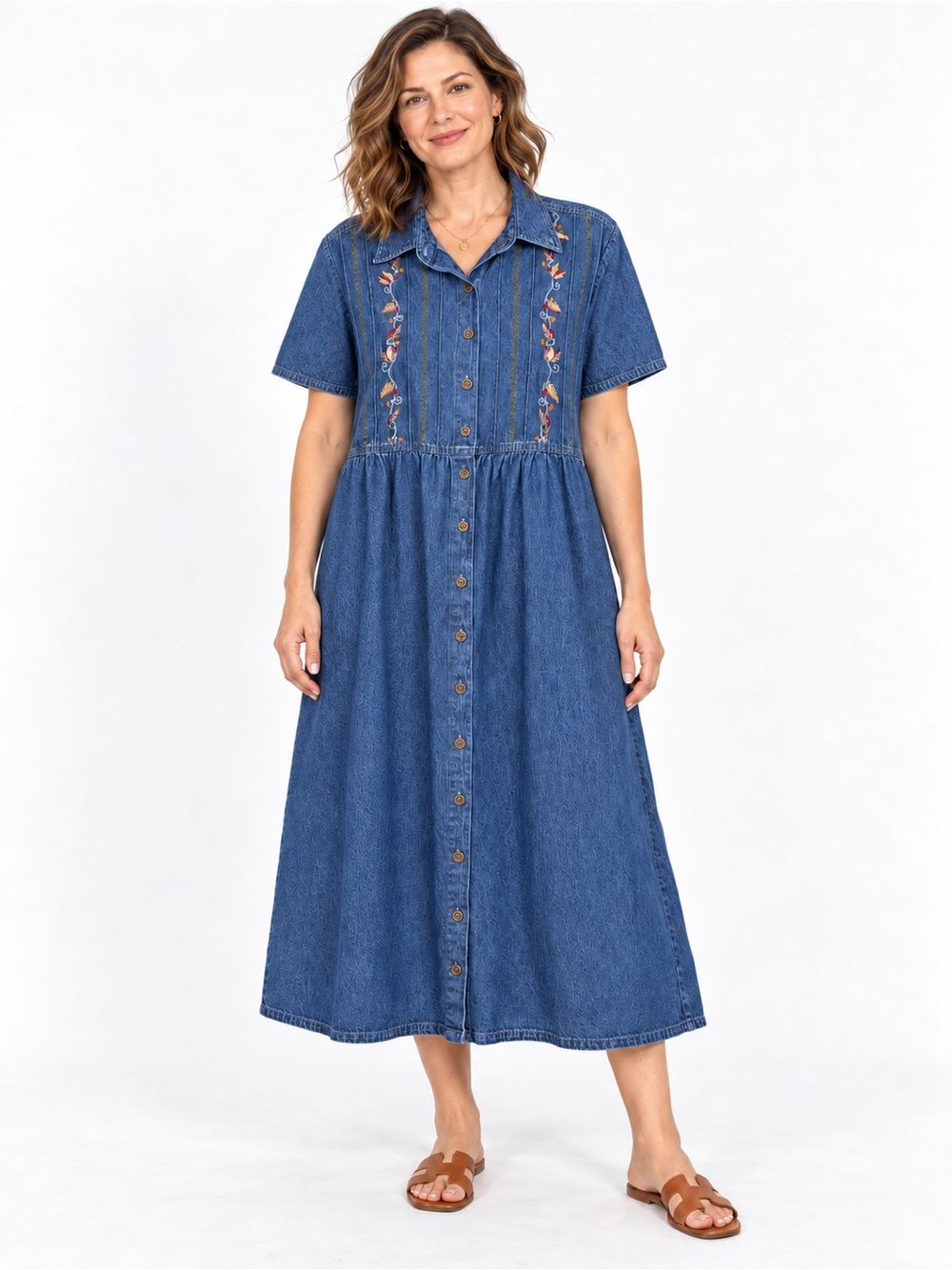Vintage 2003 Erika & Co Embroidered Bird Denim Button Front Dress XL